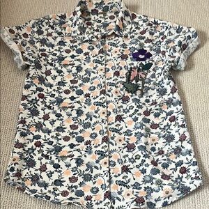 Adam Lippes White and Blue Floral Button Down Shirt silk